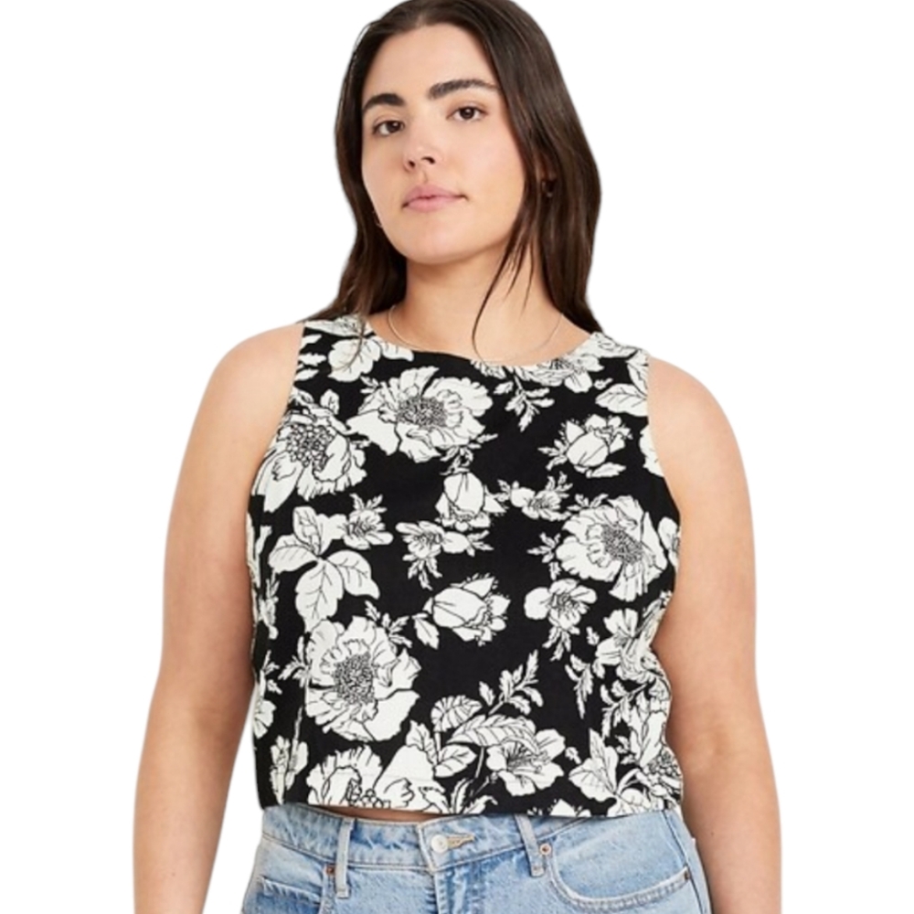 Linen Blend Black & White Floral Cropped Sleeveless Button Down Top Plus Size 4X
